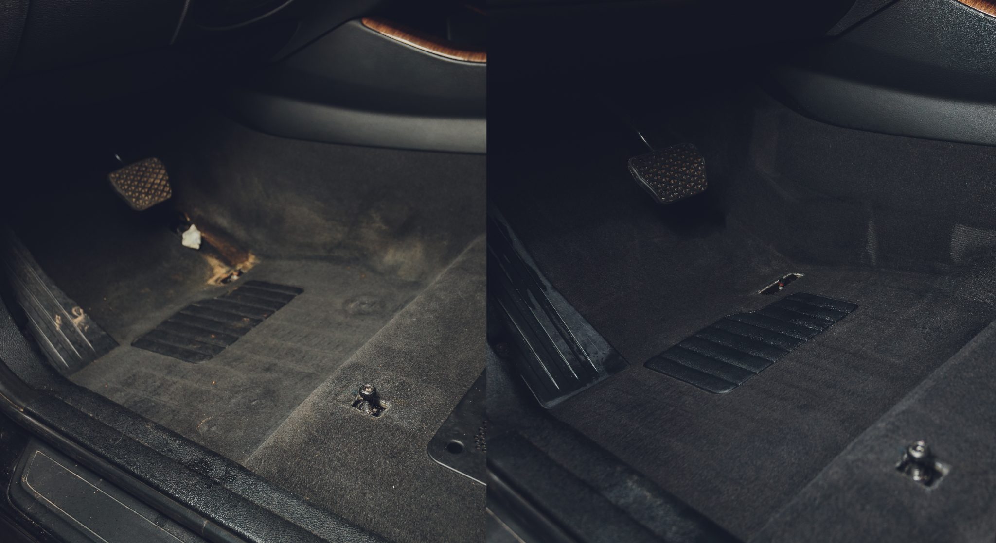 Car floor mats before and after cleaning comparison showing dirt removal